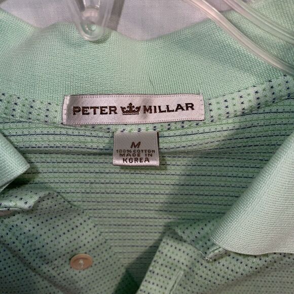 Peter Millar Mens Polo Golf Shirt Size Medium Green Striped Short Sleeve Button - Picture 2 of 12